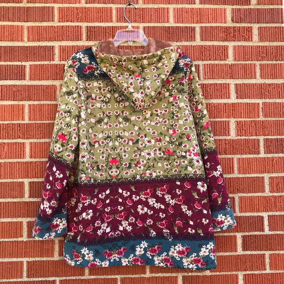 womens 2xl floral hoodie jacket zip up green burgundy blue fleece lined - Picture 8 of 11